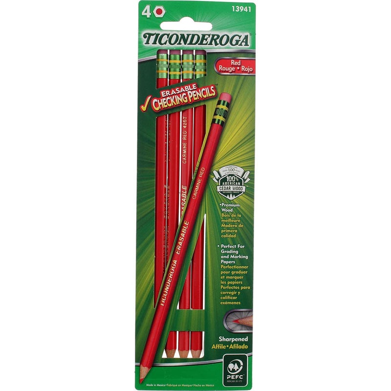 Ticonderoga Erasable Checking Pencils, Eraser Tipped, Pre-Sharpened, Red, 4 Pack (2 pencils per Pack) (13901) - Image 2